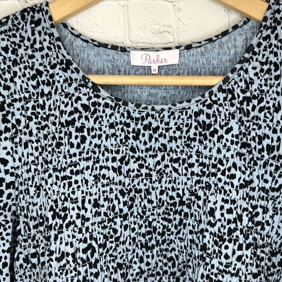 Parker Women’s Blue Black Leopard Long Sleeve Smocked Top Shirt size Medium - Picture 4 of 7
